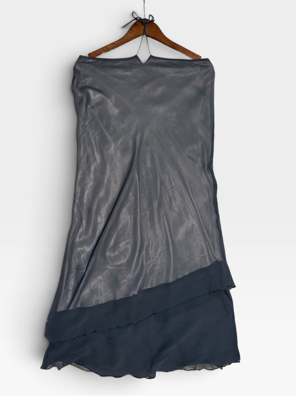 MNG Night Mango Vintage Y2K Shimmer Sheer Halter Gray Asymmetric Midi Dress 8